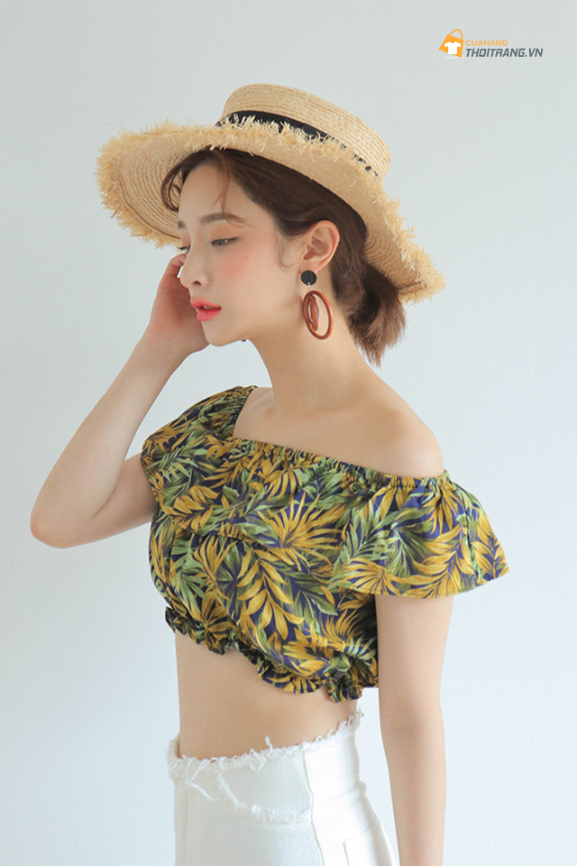 Áo trễ vai họa tiết nhiệt đới đi biển