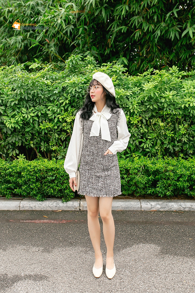 Váy dạ tweed cổ nơ phối tay voan