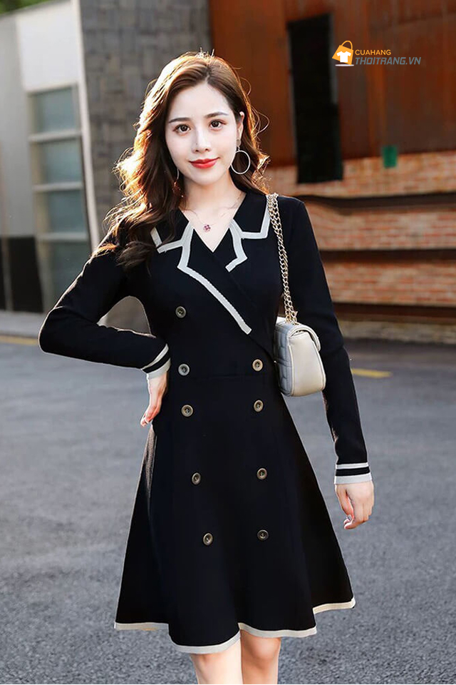 Váy len dáng xòe cổ vest