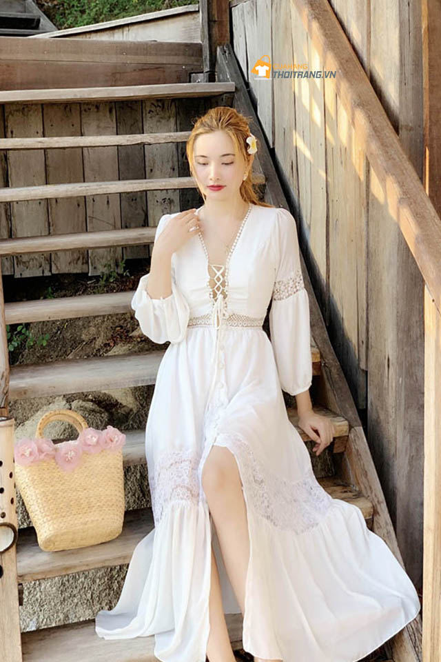 Đầm maxi trắng tay bồng cổ thắt dây bắt mắt