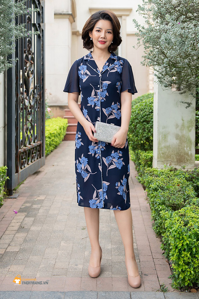 Đầm sơ mi dáng suông cổ Vest