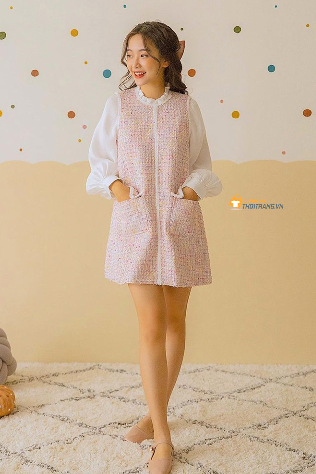 Váy dạ tweed tay phồng tiểu thư