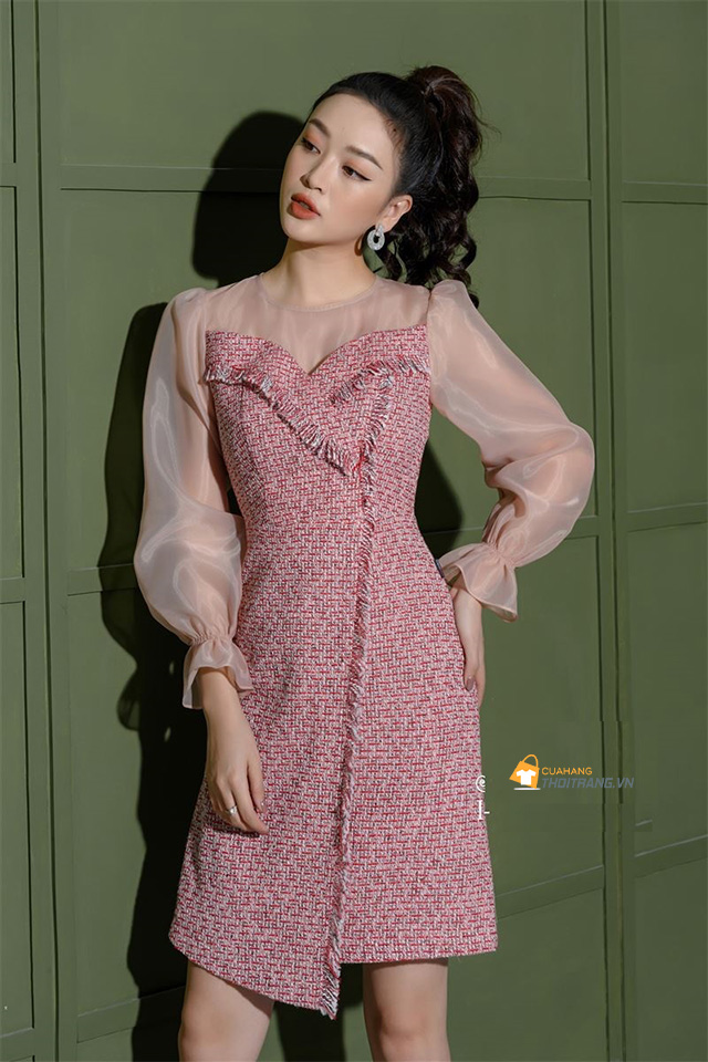 Váy vải tweed phối tay tơ phồng tiểu thư