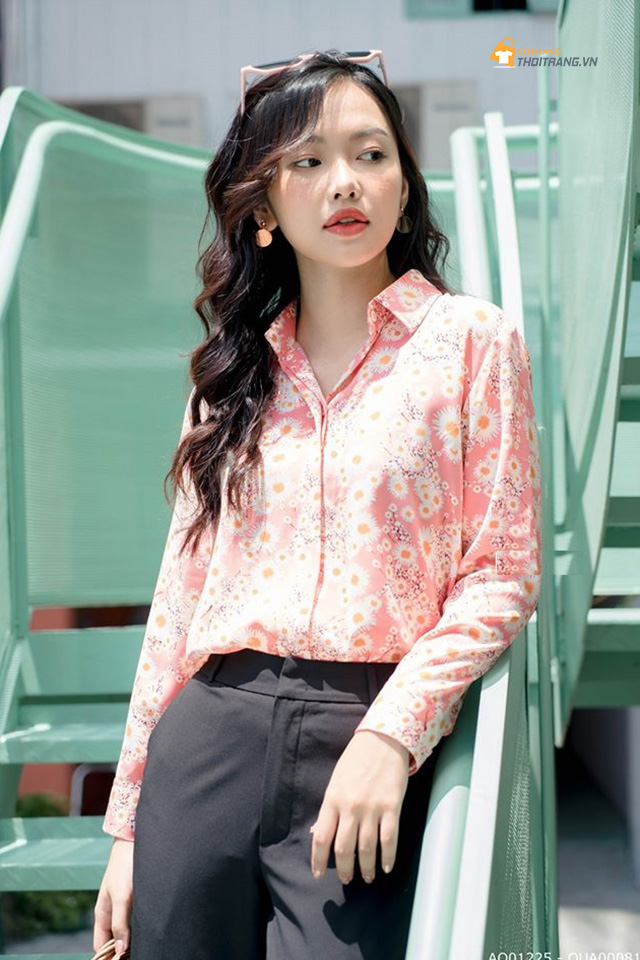 Áo sơ mi họa tiết họa mi màu hồng trẻ trung