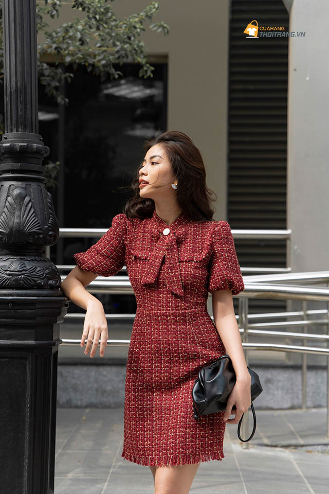 Váy đỏ cổ nơ tay bồng vải tweed sang chảnh