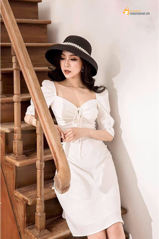 Váy trắng chữ A tay bồng rút ngực