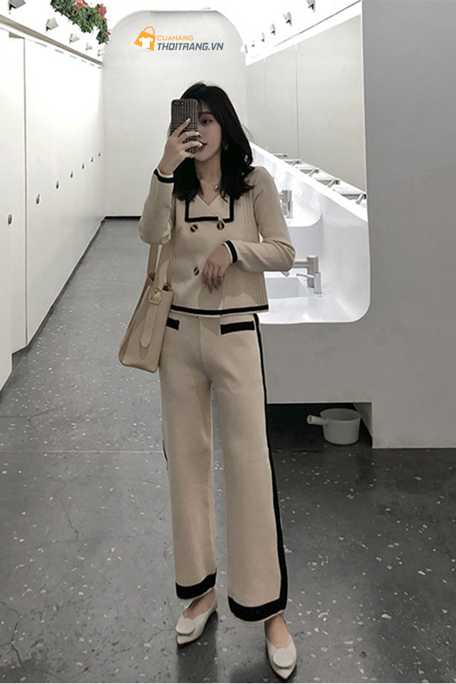 Bộ len phối viền ống suông sang trọng