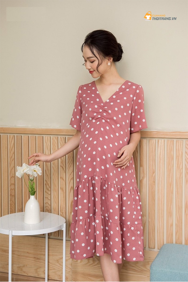 Váy rút ngực chấm bi chân cá 2 tầng cho bà bầu